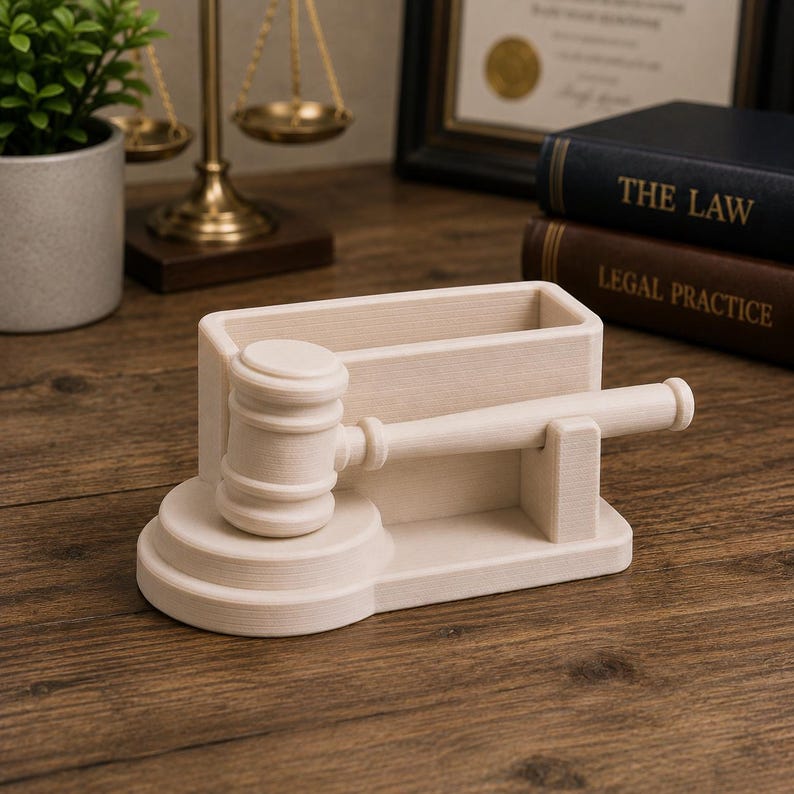 May include: A light-colored wooden gavel and desk organizer. The gavel is resting on a tiered base, with a rectangular organizer behind it. The desk organizer has the words "THE LAW" and "LEGAL PRACTICE" on the spines of the books in the background.