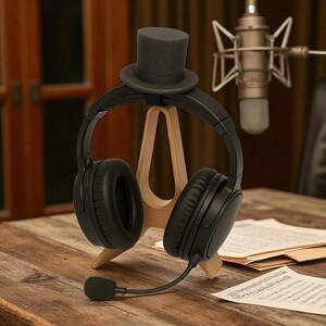 May include: Black over-ear headphones with a boom microphone, resting on a wooden stand. A miniature gray top hat sits atop the stand. The headphones are on a wooden table, with a microphone and sheet music in the background.