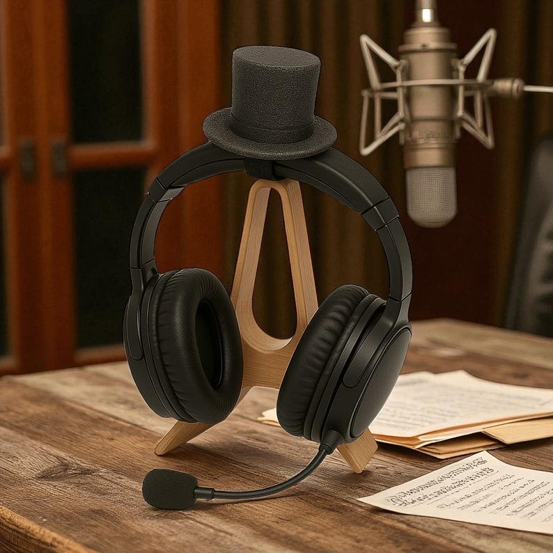 May include: Black over-ear headphones with a boom microphone, resting on a wooden stand. A miniature gray top hat sits atop the stand. The headphones are on a wooden table, with a microphone and sheet music in the background.