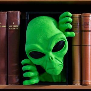May include: A vivid green alien head with large black eyes and hands emerging from a black box on a bookshelf. The alien is flanked by brown books with gold lettering, creating a playful, sci-fi themed display.