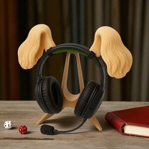 May include: Black over-ear headphones with a microphone, resting on a wooden stand shaped like a dog. The stand has two light-yellow, ear-shaped accents. A red and white die, and a red book are on the wooden surface.