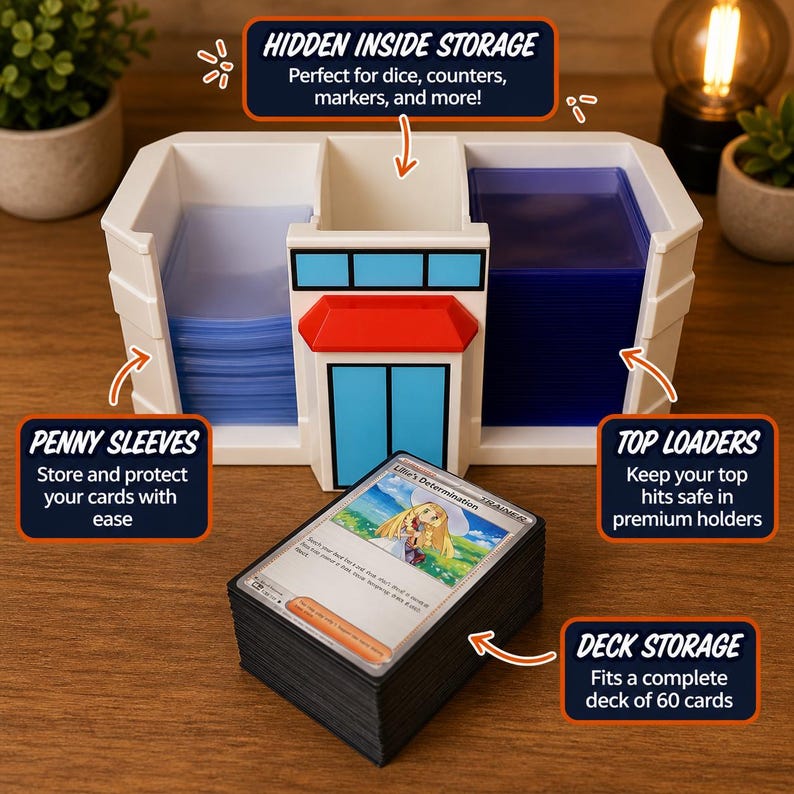 May include: White card storage box with blue and red accents, designed to hold cards, dice, and markers. Features compartments for penny sleeves, top loaders, and deck storage. The text on the box says "Hidden Inside Storage".