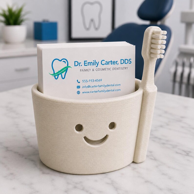 May include: A beige toothbrush-shaped business card holder with a smiling face design. The holder contains business cards for Dr. Emily Carter, DDS, Family & Cosmetic Dentistry. The toothbrush handle is attached to the side.