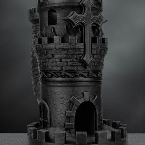 May include: A detailed, black castle tower with a prominent cross design. The tower features crenelated battlements, arched windows, and a textured brickwork appearance. The cross is centrally placed, adding a religious element to the design. The overall aesthetic is gothic.