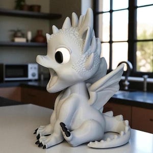 May include: A light gray dragon figurine with large eyes and an open mouth. The dragon has detailed scales, wings, and black claws. It is sitting on a white surface, with a kitchen and window in the background.