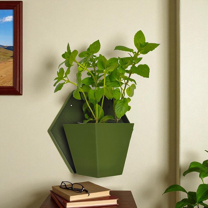 May include: A green, geometric wall planter with a square pot, holding a vibrant green plant. The planter is mounted on a light-colored wall. A framed picture and a stack of books with glasses are visible below.