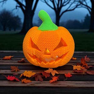 May include: An orange Halloween pumpkin with a carved face and a green stem. The pumpkin is sitting on a wooden surface with colorful autumn leaves scattered around it. The background features a blurred view of trees.