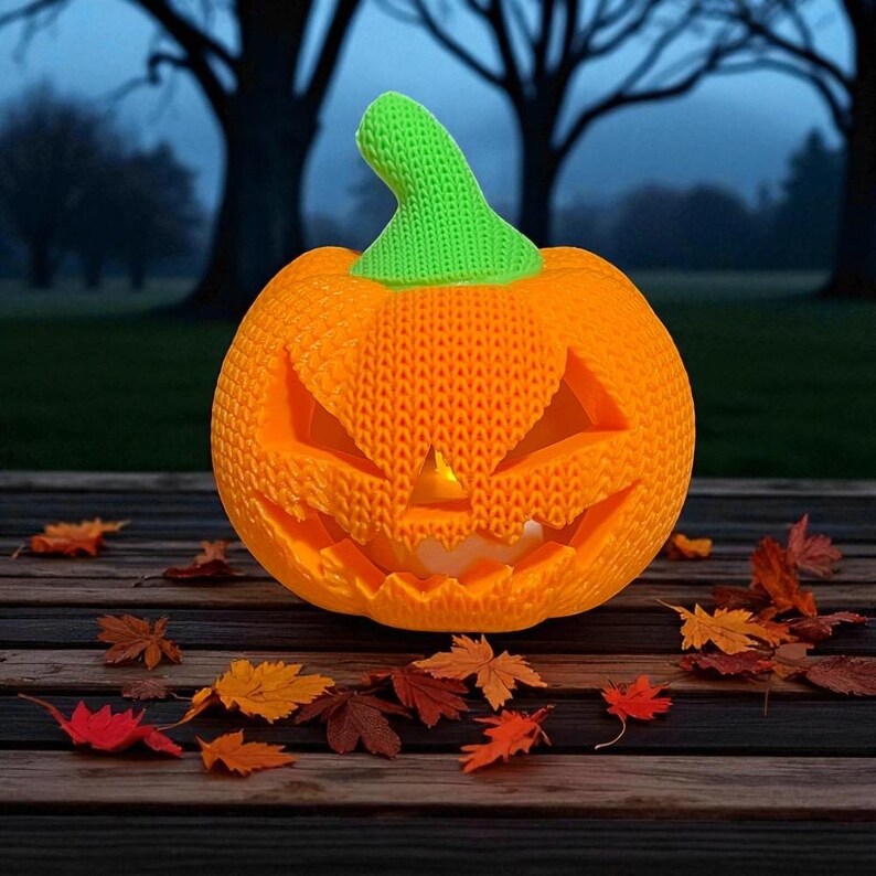 May include: An orange Halloween pumpkin with a carved face and a green stem. The pumpkin is sitting on a wooden surface with colorful autumn leaves scattered around it. The background features a blurred view of trees.