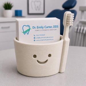 May include: A beige toothbrush-shaped business card holder with a smiling face design. The holder contains business cards for Dr. Emily Carter, DDS, Family & Cosmetic Dentistry. The cards have a blue and green tooth logo and contact information.