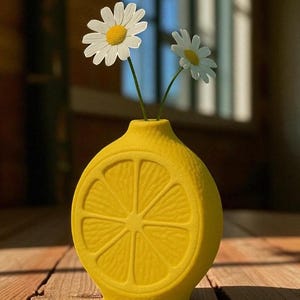 May include: A bright yellow ceramic vase shaped like a lemon slice, holding two daisies with white petals and yellow centers. The vase has a textured surface and sits on a wooden table.