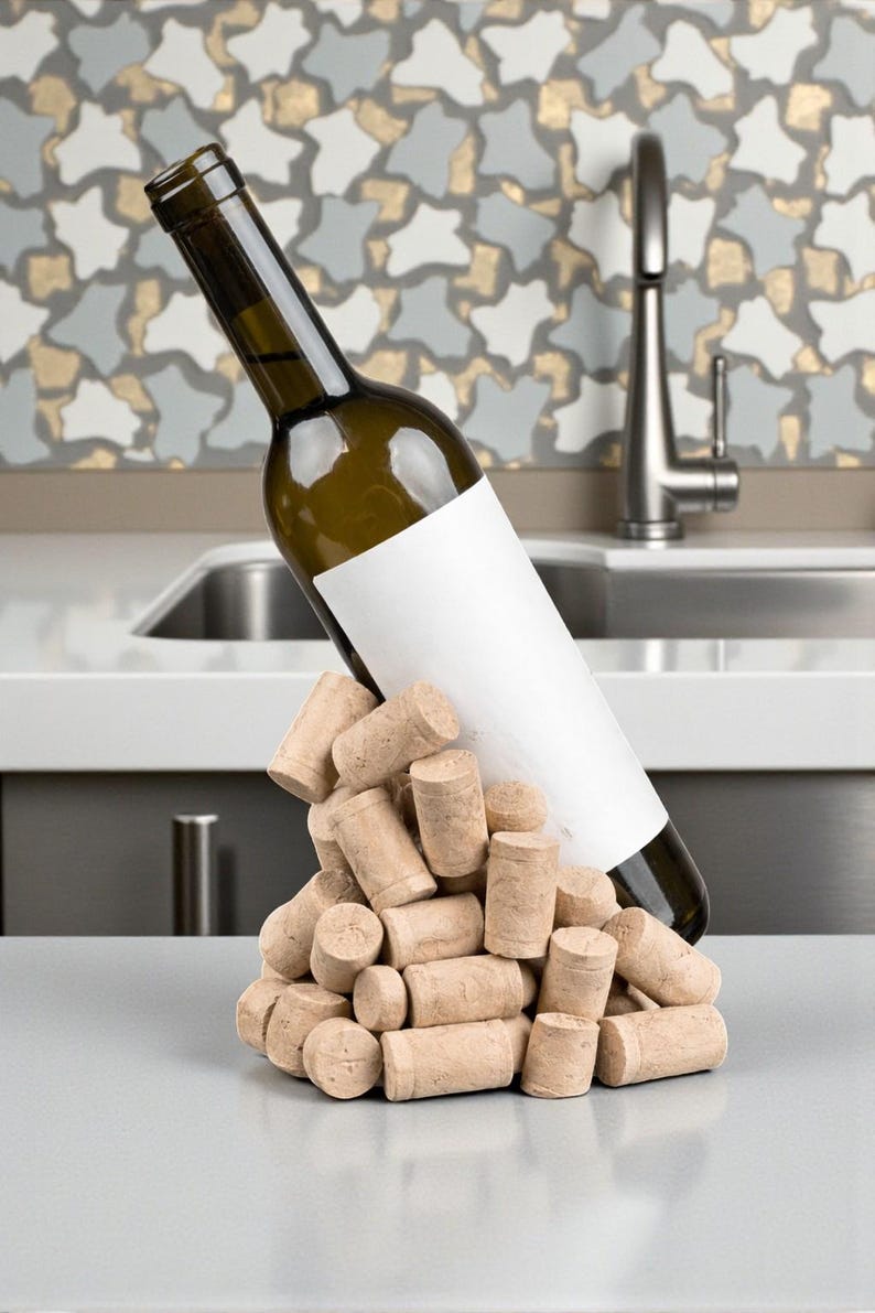 Puede incluir: Una botella de vino verde con una etiqueta blanca en blanco descansa sobre una pila de corchos. La botella est&aacute; en &aacute;ngulo, lo que sugiere que se est&aacute; vertiendo. Los corchos son de color marr&oacute;n claro y cil&iacute;ndricos. El fondo presenta un fregadero y un grifo.