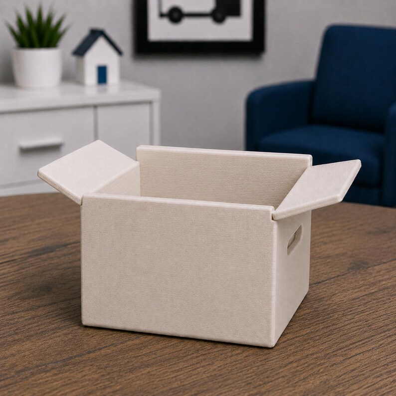 May include: An open, beige cardboard box with two flaps partially open. The box has small cut-out handles on the sides. The box is sitting on a wooden surface. The background includes a white cabinet, a blue armchair, and a framed picture.