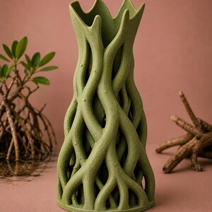 May include: A green, 3D-printed vase with a unique design resembling intertwined tree roots. The vase has a flared top and a textured surface, perfect for displaying flowers or as a decorative piece. The color is a muted, earthy green.