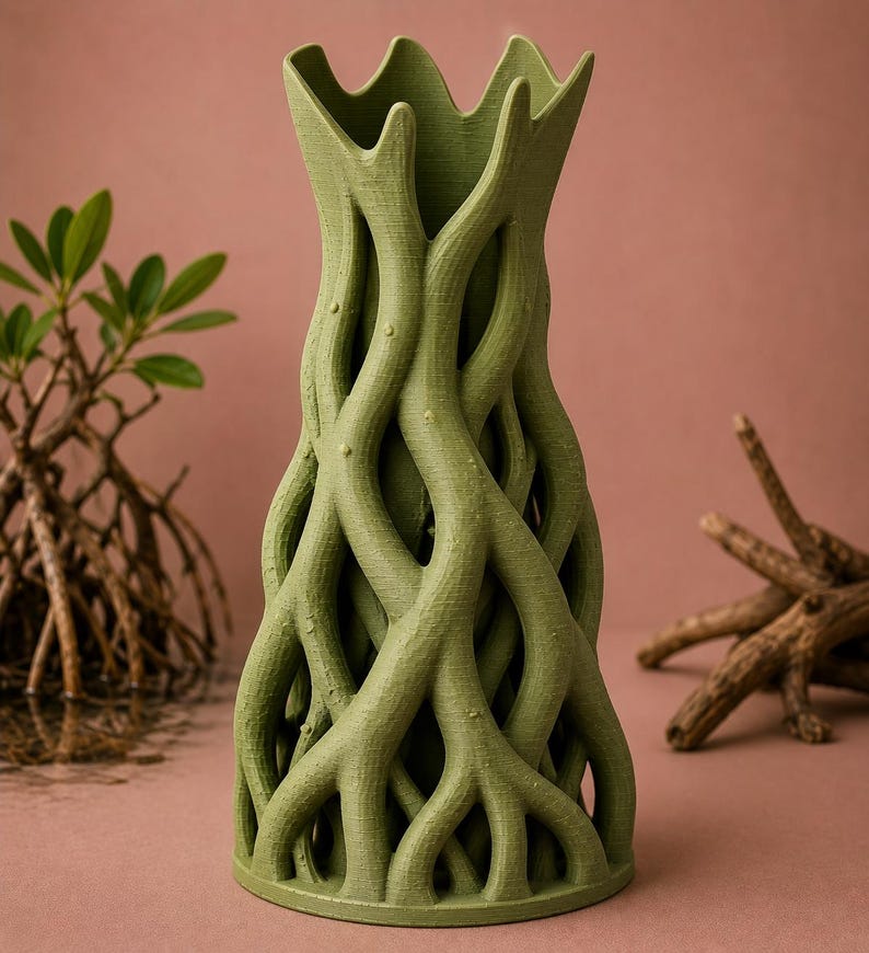 May include: A green, 3D-printed vase with a unique design resembling intertwined tree roots. The vase has a flared top and a textured surface, perfect for displaying flowers or as a decorative piece. The color is a muted, earthy green.