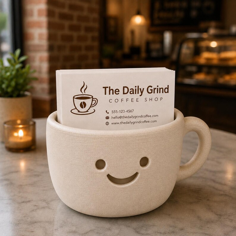 Peut inclure: Un porte-cartes en c&eacute;ramique beige en forme de tasse &agrave; caf&eacute; avec un visage souriant. Il contient des cartes de visite blanches avec le texte "The Daily Grind Coffee Shop" et des coordonn&eacute;es. Une petite plante et une bougie sont en arri&egrave;re-plan.