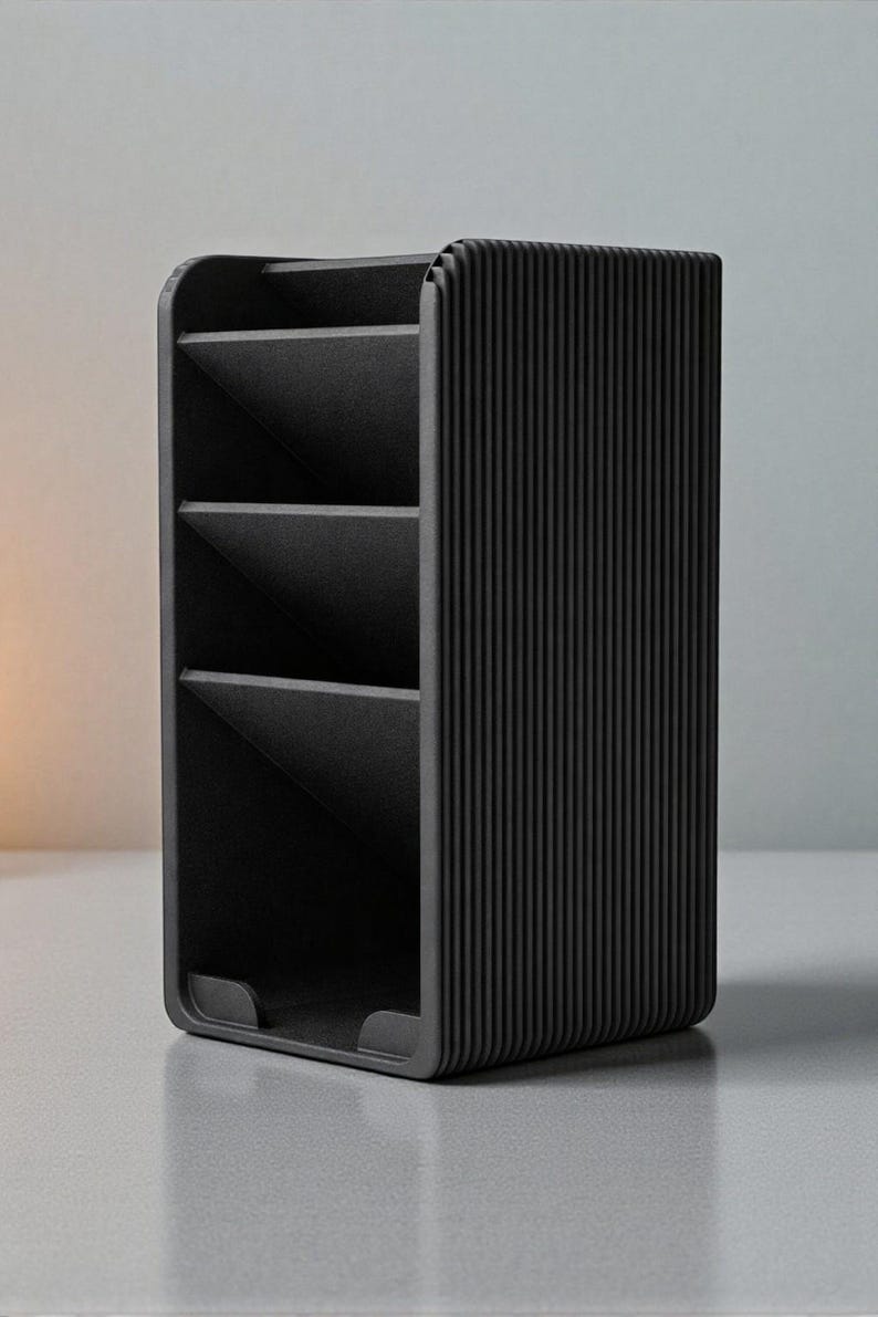 May include: A black desk organizer with three angled compartments and a ribbed exterior. The organizer is made of a solid material and has a minimalist design. It is suitable for storing pens, pencils, and other office supplies.