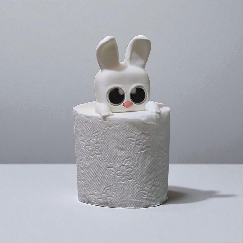 May include: A white bunny figure with large black eyes and a pink nose sits atop a roll of white toilet paper. The toilet paper has a floral embossed pattern. The bunny is a whimsical decorative item.