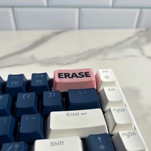 May include: A close-up of a keyboard with a pink keycap that says "ERASE" in black lettering. The keyboard has blue and white keys.