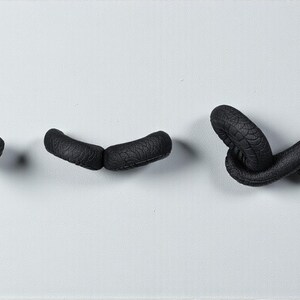 May include: A black snake sculpture in three parts against a white background. The snake's head, body segments, and coiled tail are visible. The snake's skin has a textured pattern.