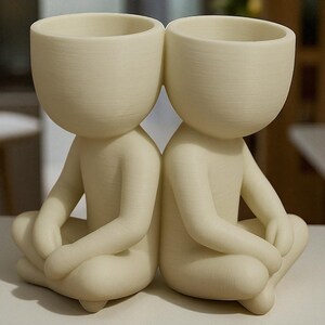 May include: Two off-white ceramic planters shaped like seated figures with large, rounded heads. The figures are in a cross-legged position, with their arms resting on their knees. The planters are designed to hold small plants or succulents.