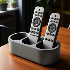 May include: A gray remote control organizer with two remotes. The organizer has three circular compartments. The remotes are light gray with black buttons. The organizer is on a wooden surface.