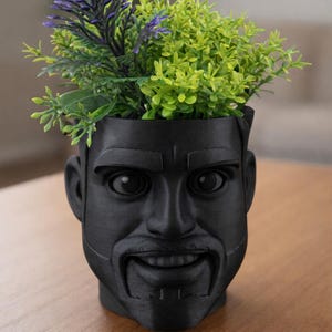 Könnte beinhalten: Ein schwarzer Pflanztopf in Form eines lächelnden Gesichts, gefüllt mit grünen und lila Kunstpflanzen. Der Pflanztopf hat ein detailliertes Gesichtsdesign und den Text "Your Own Custom Head!" unten.