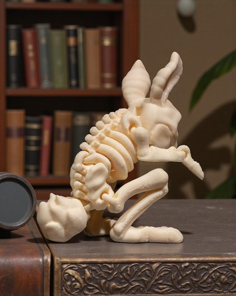 Puede incluir: Una escultura de color crema de un esqueleto de conejo en posici&oacute;n agachada. La escultura detallada muestra la caja tor&aacute;cica, la columna vertebral y los huesos de las piernas. Las orejas del conejo est&aacute;n erguidas y la escultura est&aacute; sobre una superficie oscura.