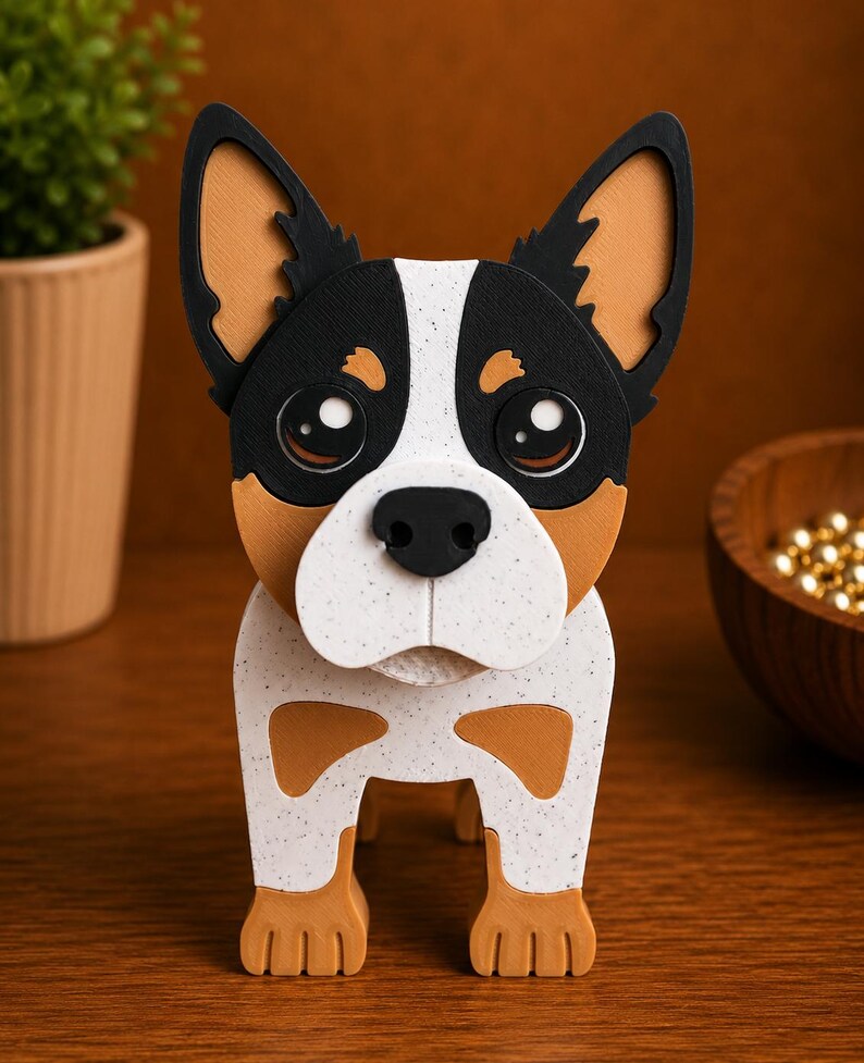 May include: A handcrafted dog figurine with a tri-color design. The dog has a black head with tan ears, a white face and chest, and tan paws. The figurine is made of layered materials and stands on a wooden surface.