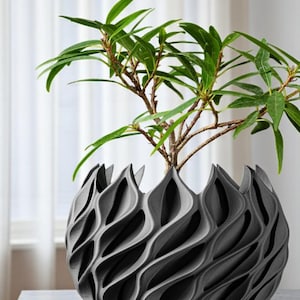 May include: A dark gray, textured, decorative plant pot with a unique wave-like design. The pot holds a small plant with vibrant green leaves and brown stems. The pot is sitting on a dark surface.