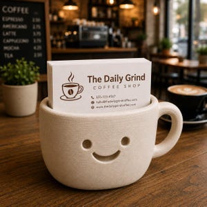 Peut inclure: Un porte-cartes en c&eacute;ramique beige en forme de tasse &agrave; caf&eacute; avec un visage souriant. Il contient des cartes de visite blanches imprim&eacute;es avec le logo et les coordonn&eacute;es de "The Daily Grind Coffee Shop". L'arri&egrave;re-plan montre un caf&eacute;.