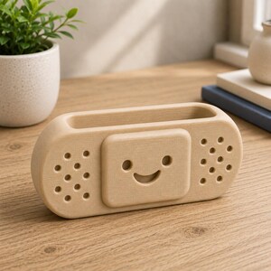 Op de afbeelding: Een lichtbruine houten bureau-organizer in de vorm van een pleister, met een lachend gezicht en kleine ronde gaatjes. De organizer heeft een rechthoekig compartiment voor pennen of kleine items.