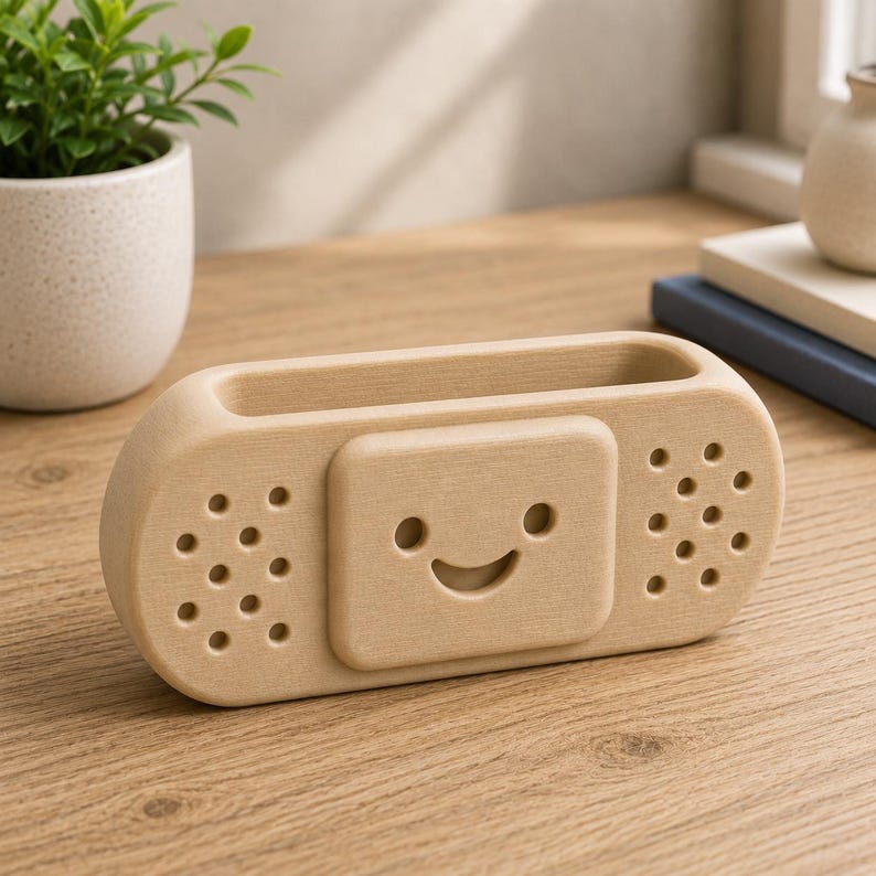 Op de afbeelding: Een lichtbruine houten bureau-organizer in de vorm van een pleister, met een lachend gezicht en kleine ronde gaatjes. De organizer heeft een rechthoekig compartiment voor pennen of kleine items.