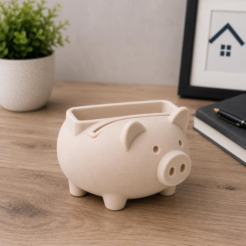 May include: A beige piggy bank with a rectangular slot on top for inserting money. The bank has a pig-like design with ears, a snout, and small eyes. It is sitting on a wooden surface.