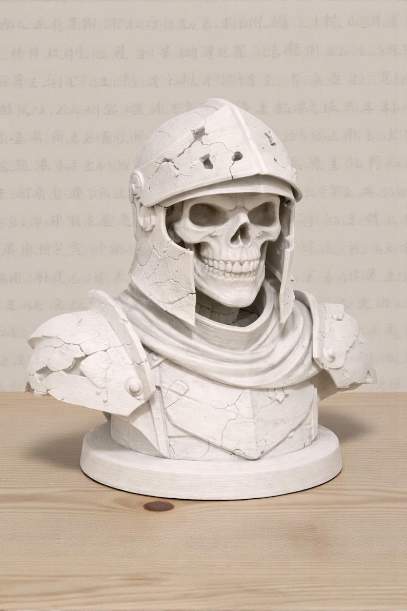 May include: A white bust of a skull wearing a cracked, weathered helmet and armor. The sculpture is on a round base, with visible details of the skull's teeth and facial structure. The bust is set against a neutral background.