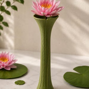 May include: A tall, green vase with a textured, ribbed design, holding a pink water lily with a yellow center. The vase is on a white surface, with lily pads and small leaf accents.
