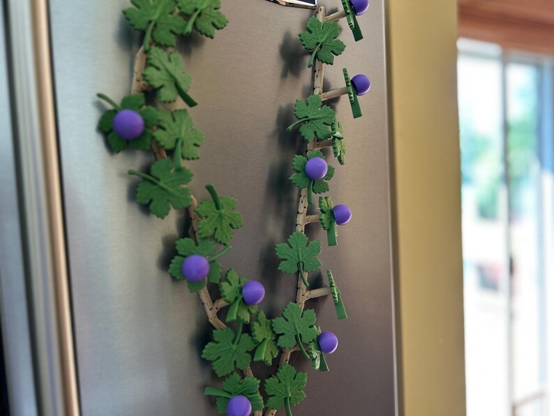May include: A decorative vine-shaped magnet with green leaves and purple grape-like spheres. The vine is attached to a refrigerator door. The leaves and grapes are made of a plastic-like material.