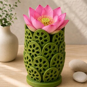 May include: A vibrant pink lotus flower blooms from a green vase. The vase is decorated with a pattern of green, circular shapes. The flower's petals are a bright pink, and the center is yellow.