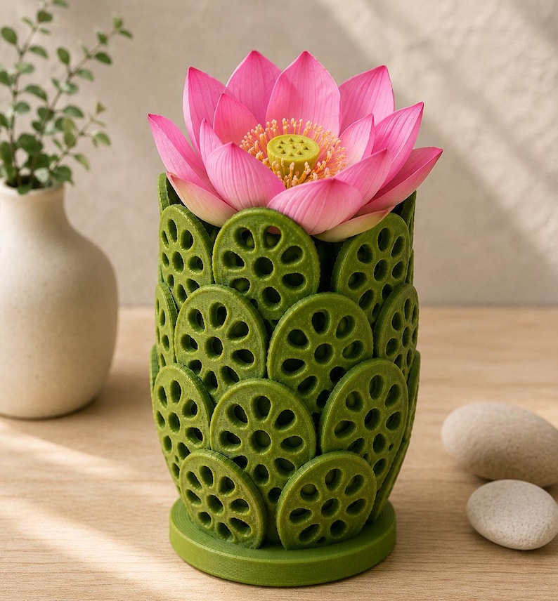 May include: A vibrant pink lotus flower blooms from a green vase. The vase is decorated with a pattern of green, circular shapes. The flower's petals are a bright pink, and the center is yellow.