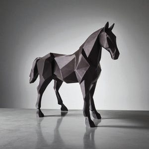 以下が含まれることがあります： 暗い灰色の幾何学的な馬の彫刻。馬は立っており、モダンで角張った美学を生み出すファセットデザインが施されています。彫刻はニュートラルな背景に配置され、その形を際立たせています。