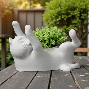 May include: A gray cat-shaped planter, lying on its back with paws raised, holds a small green plant. The whimsical design is made of a light gray material and sits on a dark wooden surface, perfect for adding a touch of fun to any garden or patio.