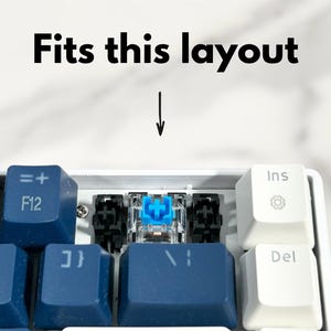 May include: A close-up of a blue and white keyboard with a single blue keycap. The keycap is labeled with a plus sign and is surrounded by black stabilizers.