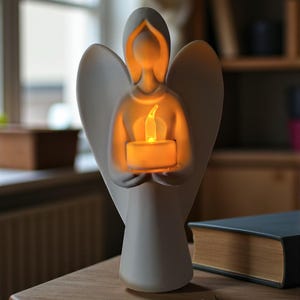 May include: A white angel figurine holding a glowing candle. The angel has outstretched wings and a serene expression. The candle emits a warm, inviting light, creating a peaceful ambiance. The figurine is on a wooden table.