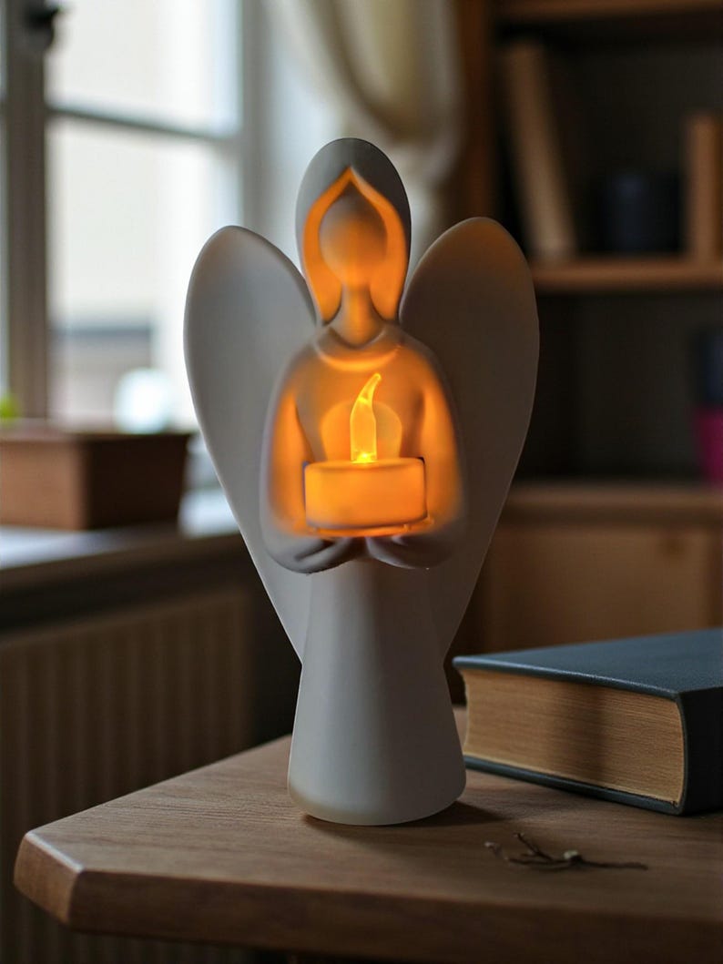 May include: A white angel figurine holding a glowing candle. The angel has outstretched wings and a serene expression. The candle emits a warm, inviting light, creating a peaceful ambiance. The figurine is on a wooden table.