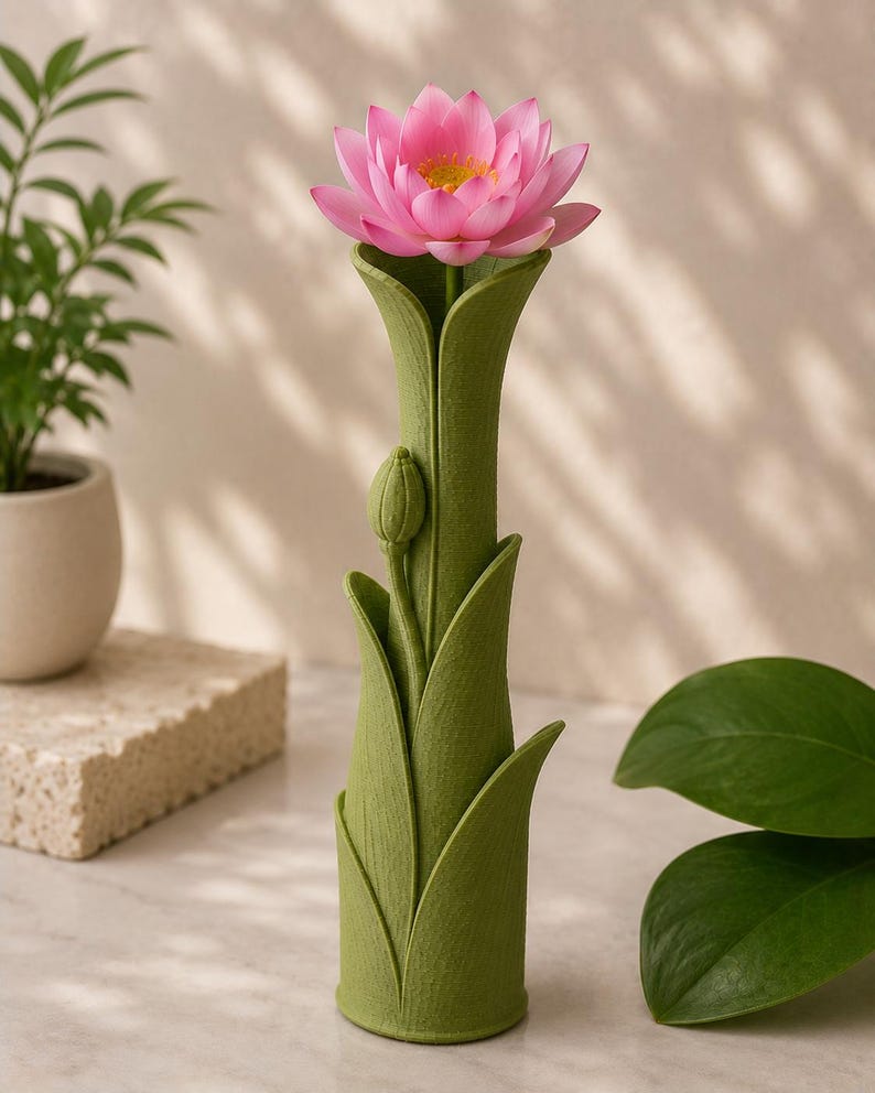 以下が含まれることがあります： 黄色い中心部を持つピンク色の蓮の花が入った、緑色の葉の形をした花瓶。花瓶の側面にはつぼみがあります。背景はニュートラルカラーで、背景には他の植物があります。