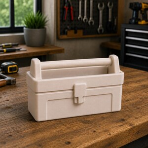 May include: A beige toolbox with a handle and a latch, sitting on a wooden surface. The toolbox is rectangular with a textured surface. The background includes tools and a potted plant.