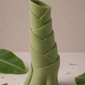 May include: A green, stylized vase with a unique, layered design. The vase has a textured surface and a flared base. The design resembles folded leaves or petals. The vase is a light green color and stands on a neutral surface.
