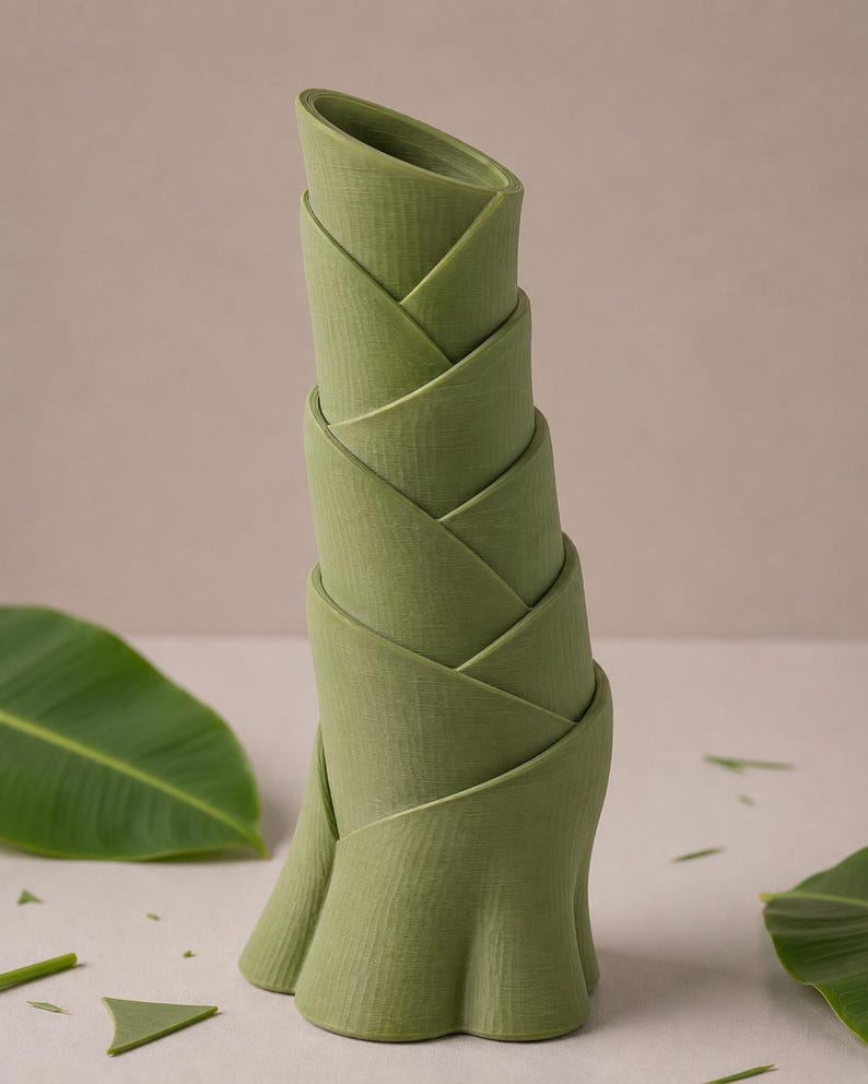 May include: A green, stylized vase with a unique, layered design. The vase has a textured surface and a flared base. The design resembles folded leaves or petals. The vase is a light green color and stands on a neutral surface.