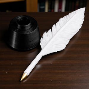 May include: A white feather pen with a gold-colored tip rests on a dark wooden surface next to a black inkwell. The pen is designed to resemble a feather, with detailed feathering. The inkwell is a cylindrical shape.