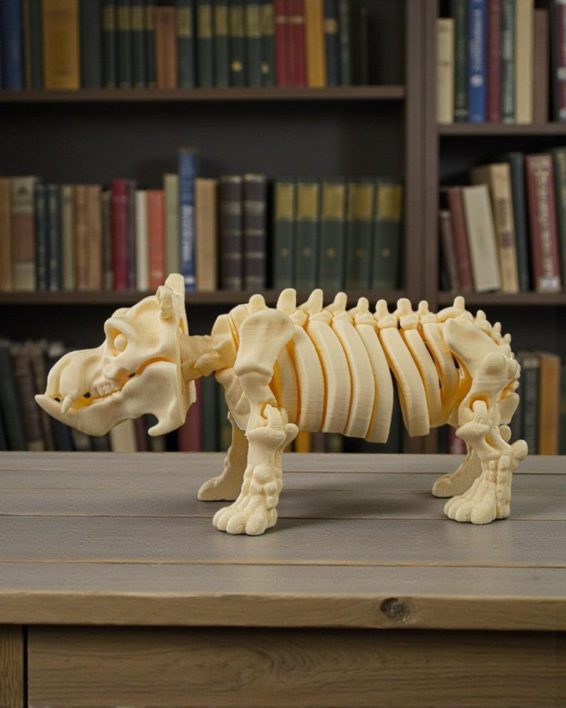 May include: A cream-colored, 3D-printed hippopotamus skeleton model. The model is detailed, showing the skull, ribs, spine, and leg bones. It stands on a wooden surface, with a blurred bookshelf background.