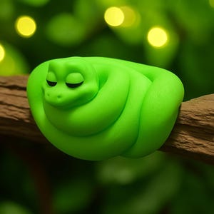 May include: A coiled, bright green snake figurine with closed eyes, resting on a brown branch. The snake's body is smooth and rounded, with a slight curve. The background is blurred with green foliage and soft yellow bokeh lights.